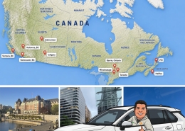 Canada map with city pins; bottom shows city photos collage and an AP Systems vehicle.