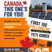 Promotional APsystems Canada poster with solar panels, bold 'CANADA, THIS ONE'S FOR YOU!' text and orange section about social channels and a YETI toolbox, plus social icons at bottom.