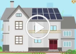 Video thumbnail of a two-story house with solar panels on the roof; highlights microinverters and advanced communication functions.