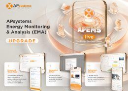 Banner showing APsystems logo and 'APsystems Energy Monitoring & Analysis (EMA)' with an 'UPGRADE' button and device screens in a futuristic dashboard design.