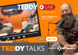 Promo graphic for TEDDY TALKS podcast: two hosts in a bright orange studio with microphones, a spotlighted ‘TEDDY TALKS’ logo, and EP.20 cast label in white.
