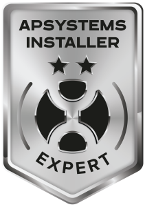 Silver badge reading 'APSYSTEMS INSTALLER EXPERT' with two stars and a circular abstract icon, conveying expert installer status