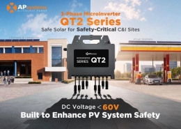 APsystems QT2 Series 3-phase microinverter displayed outdoors, promoting safe PV systems with DC voltage under 60V