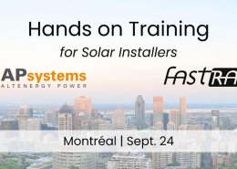 Promotional banner for Hands on Training for Solar Installers, with APsystems and FastTRACK logos over a city skyline (Montréal).
