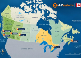 Map of Canada highlighting major provinces with city markers in Vancouver, Victoria, Kelowna, Edmonton, Calgary, Toronto, and Halifax; APsystems logo in the top right.