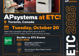 Poster advertising APsystems at ETC 2026 featuring two men discussing beside a white APstorage unit, with APsystems branding and Canada flag accent on the right edge, Toronto venue details visible.