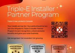 Poster announcing the APSYSTEMS Triple-E Installer Partner Program in Canada, with a waving Canadian flag, QR code, and three badges (Elite, Expert, Experienced).