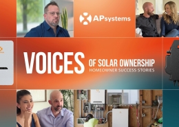 Promotional banner for APsystems: 'VOICES OF SOLAR OWNERSHIP - HOMEOWNER SUCCESS STORIES' with people, logo, and solar hardware in a mosaic.