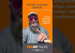 Orange promotional banner featuring a bearded man wearing a cap and red sunglasses, pointing toward the camera; text reads 'FASTER. CLEANER. SIMPLER. IN BAKERSFIELD, CALIFORNIA' and 'See how APsystems helps crews install with confidence' for TEDDY TALKS promo (powered by APsystems).